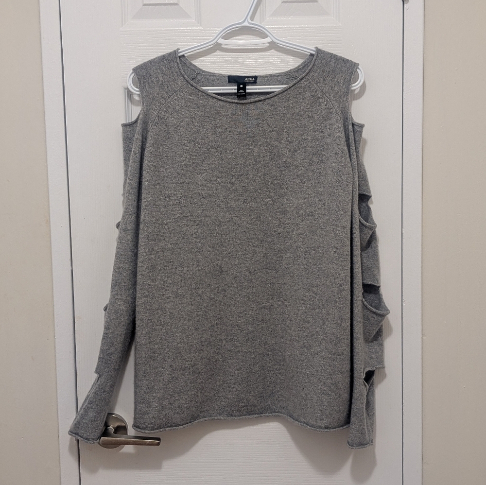 AQUA 100% Cashmere Gray Cold Shoulder Cut Out Sleeve Knit Sweater Luxury Y2K M